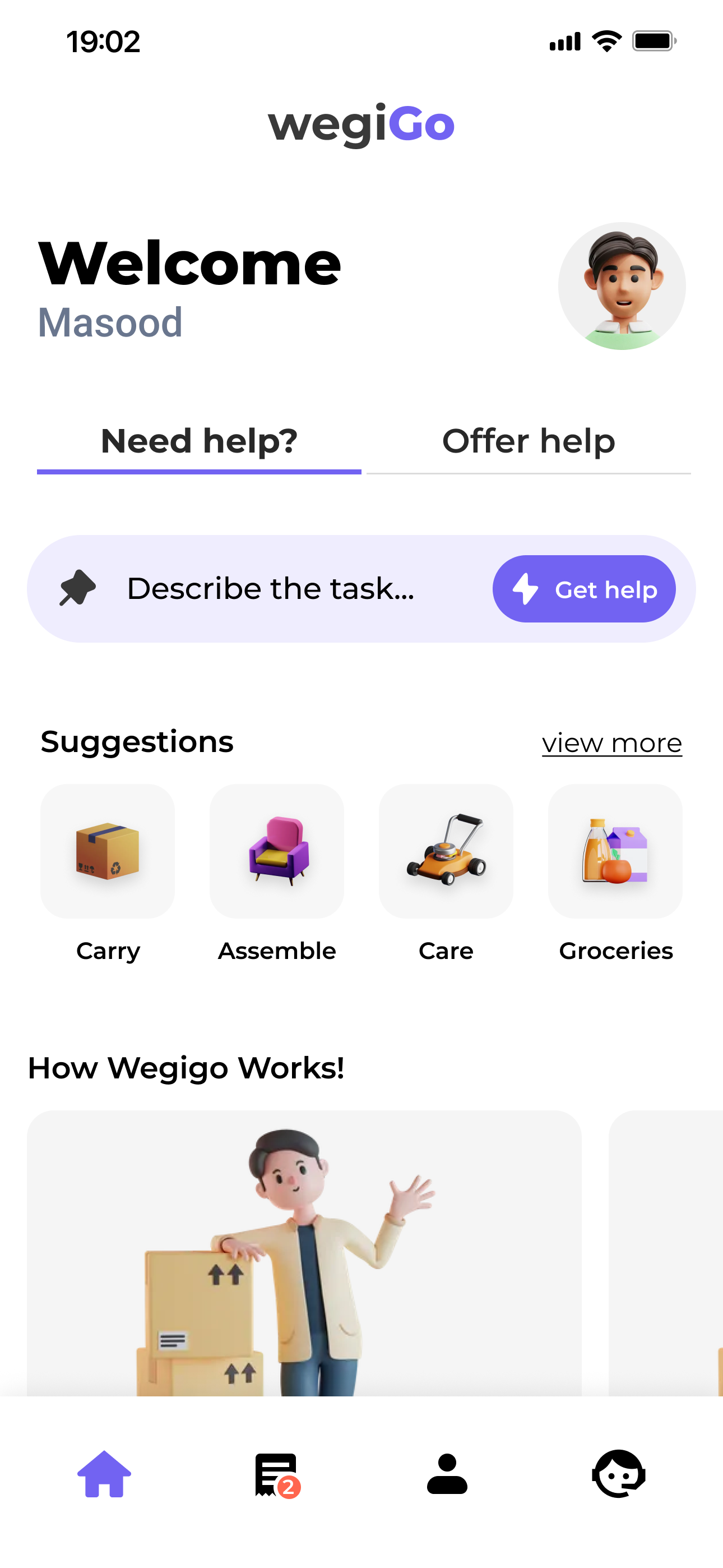 English home screen showing the Describe the task prompt